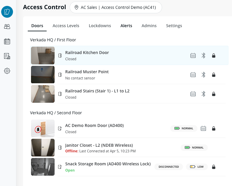 Verkada Command: the list of doors with their live status